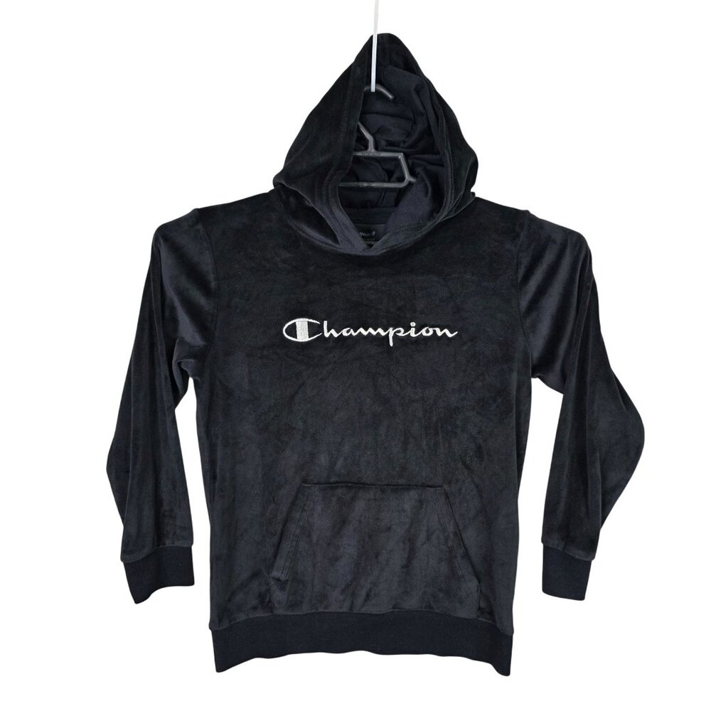 Womens Champion Black Velour Pullover Hoodie Sweatshirt Long Sleeve Size XL
